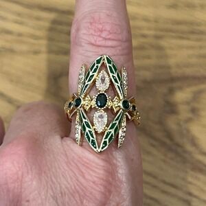 Vintage-Style Gold Tone Dragonfly Ring Green Enamel and Crystal Accents Size 7
